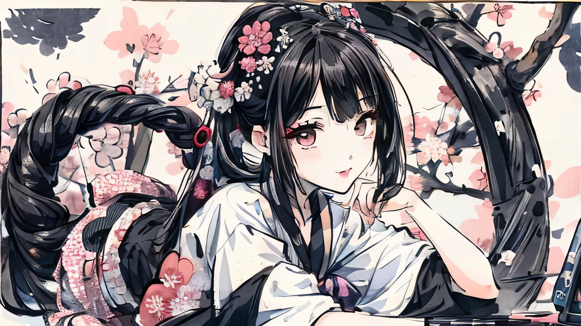 ((best quality)), ((​masterpiece)), (detailed), 1 girl, asian, ((black hair)), dj, trendy, background in the style of hokusai, sakura