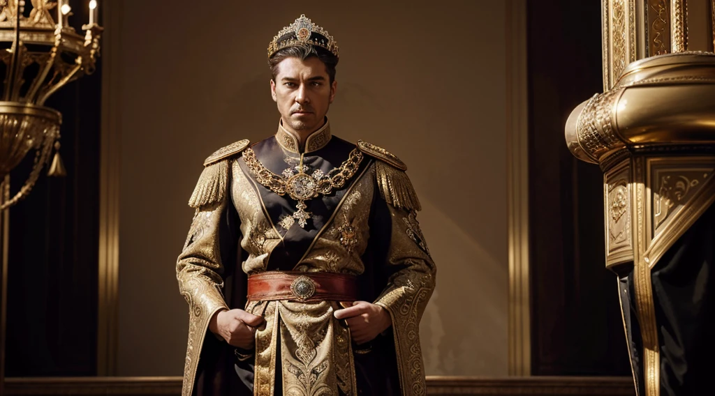 emperor, Stately, stark, standing majestically, luxury clothes, gold accents, grand background, majestic appearance, elegant surroundings, dramatic lighting, with crown on the head