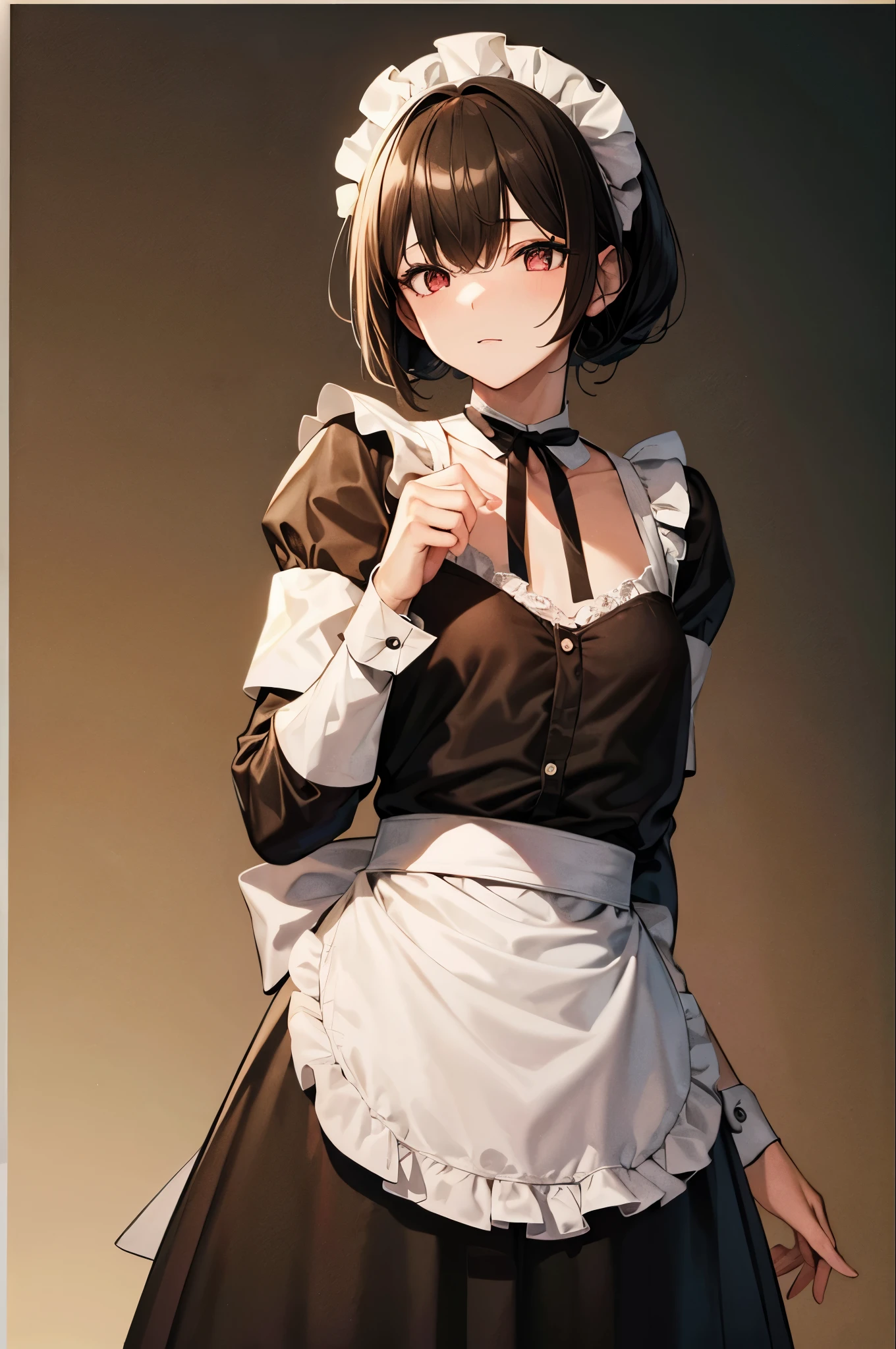 masterpiece, Highest quality, High resolution, Absurd, 8k, 4K, Official Art,, , (flat_color:0.9),, , One girl, chest, Maid clothes, 灰colorの髪の毛, , ,  