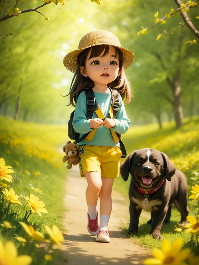 A very adorable with a backpack and her cute puppy enjoying a beautiful spring walk surrounded by beautiful yellow flowers and nature. The illustration is a high-definition illustration in 4K resolution with very detailed facial features and cartoon-style visuals.