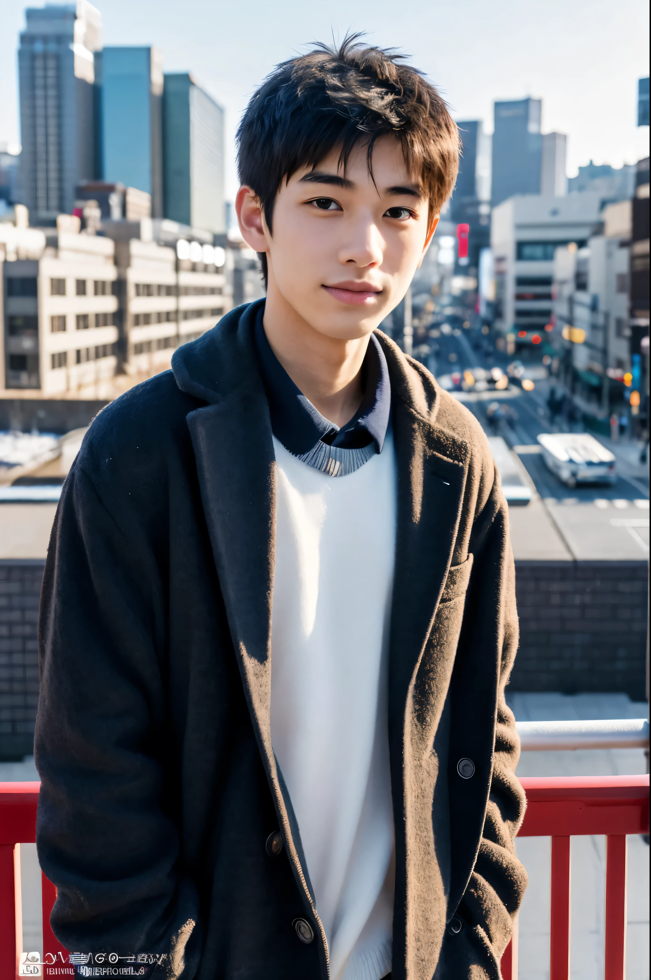 Photorealsitic, 8K full body poster, Beautiful Boys, japanes, An 18-year-old man, A charming expression, detailed face details, TOKYOcty, Winters, Shibuya in the background