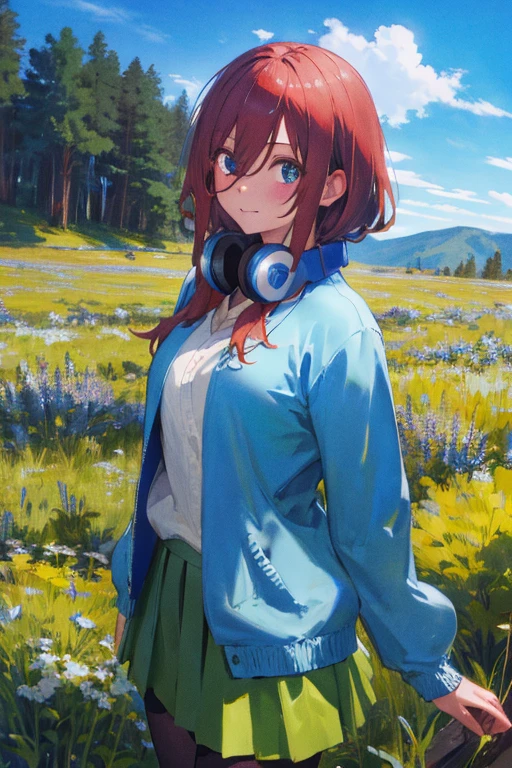 masterpiece, best quality, highres, nm1, headphones around neck, , long sleeves, blue cardigan, green skirt, pantyhose, cowboy shot, field, wariza