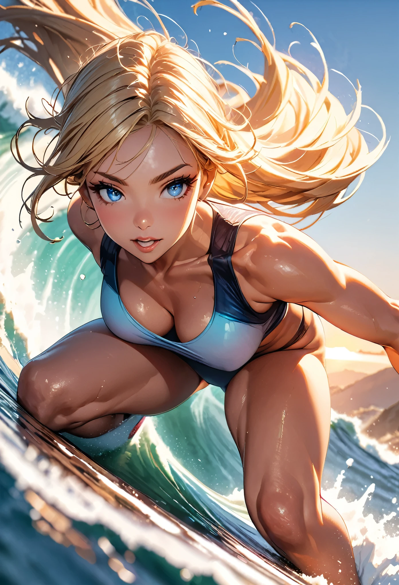 a woman surfing on big waves, high detailed woman, beautiful detailed eyes, beautiful detailed lips, extremely detailed face and skin, long eyelashes, blonde hair, athletic body, adrenaline, action, motion blur, ocean waves, foamy water, blue sky, bright sunlight, golden hour, warm color tones, hyper detailed, cinematic lighting, masterpiece:1.2