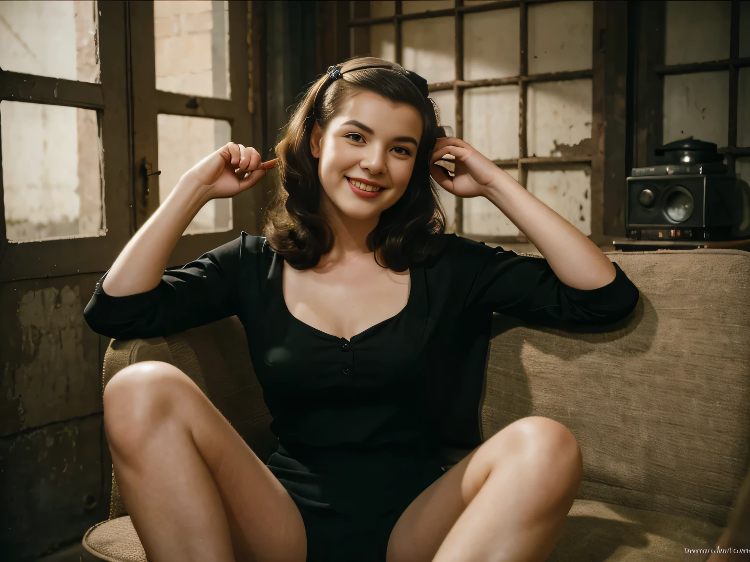 At the 1950s retro tv show, there is the almighty girl, sitting and smiling in the old prison