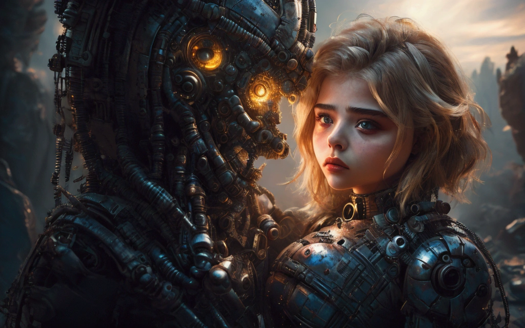 beautiful woman Chloë Grace Moretz, attacking a robot, expression of anger, (photorealistic), (high resolution 4k, 8k) apocalyptic scene, painting of Chloë Grace Moretz in high definition, cyberpunk style, post-apocalyptic, woman Chloë Grace Moretz wearing a costume with mechanical parts, a helmet with mechanical parts, transparent glass showing the hyperrealistic face, mechanical arms, large bust, defined body, defined field, nffsw,(sharp focus, realistic)(maximum quality),((best quality: 1.5) ,((masterpiece: 0.8)) intricate details, full body picture,