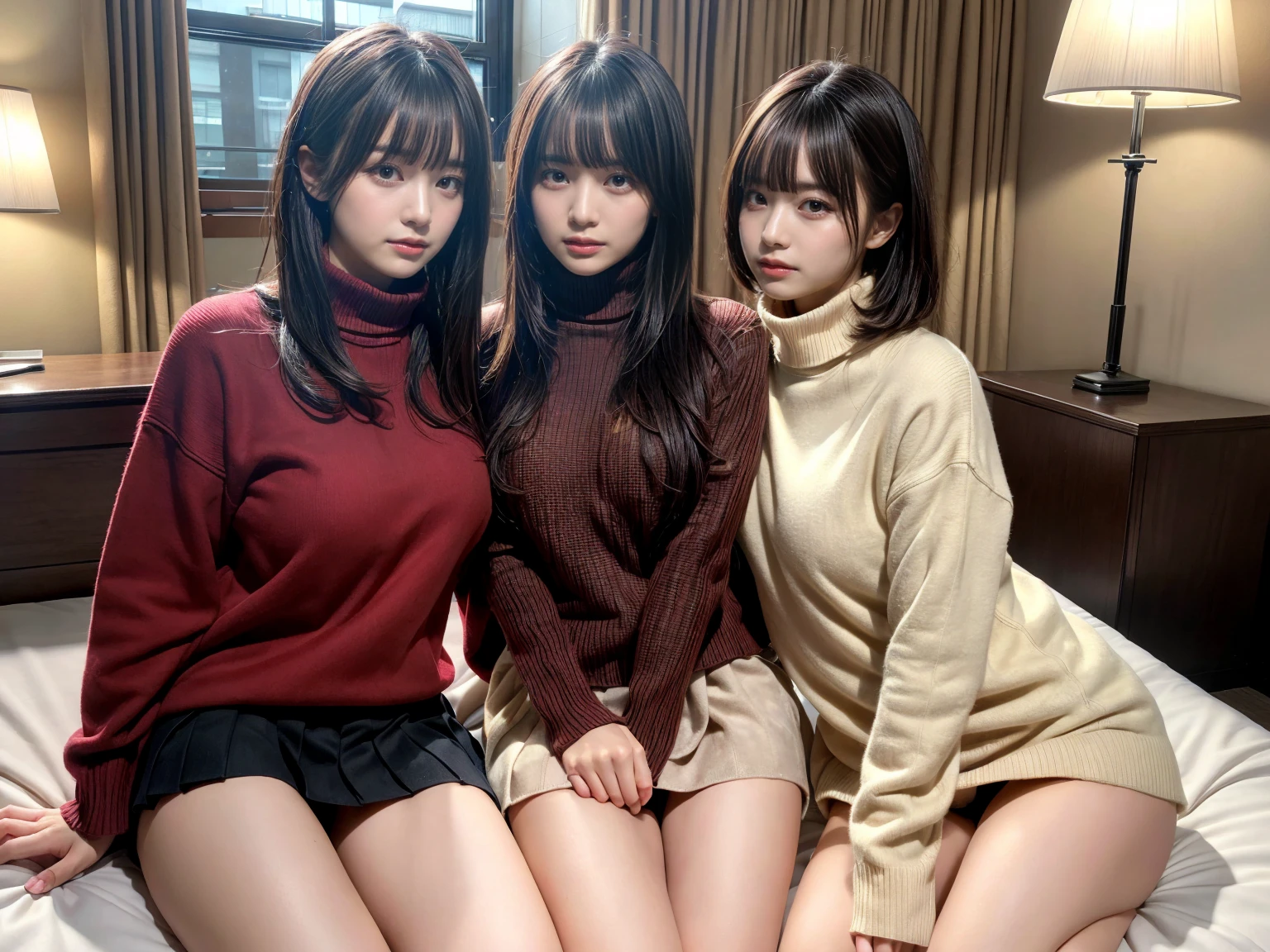 masterpiece, best quality, illustration, Super detailed, fine details, High resolution, 8K,wall paper, perfect dynamic composition,(Details High quality, realistic depiction of eyes:1.3), (3 girls), (Fleece jacket, turtleneck sweater, pleated skirt:1.2), sitting, open legs, short bob hair, in a hotel room in the background, deep on field, large breasts, black hair color, Big Natural Color Lip, (perfect body shape), crying a little、Harajuku style、20 year old girl、cute type、beautiful legs, Gravure Idol