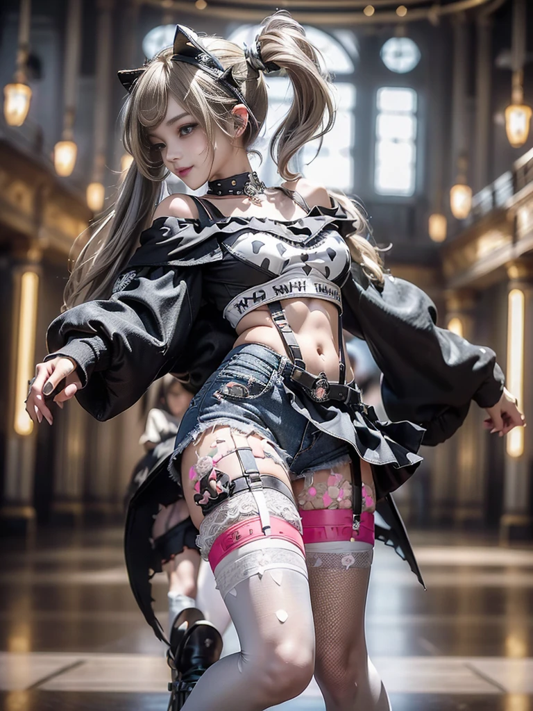 (Full Body View:1.2)、(Beautiful lips and nose:1.4)、(Side view:1.1)、(Smiling with teeth showing:1.3),(Fashion Model:1.5)、(Gothic ta battle uniform with delicate decoration:1.5)、(White off-shoulder hoodie:1.5)、(black, Silver and white shorts:1.4)、(denim garter belt:1.5)、(black and denim knee socks:1.3)、(Skull Silver Accessories:1.5)、(Lace Color:1.3)、(Brown Skin Belt:1.4)、(Brown boots:1.2)、(Polka dots on underwear:1.4)、23 years old、((Highest quality、In 8K、masterpiece:1.3))、Sharp focus:1.2、(Layered Cut、Huge boobs:1.1),Beautiful woman with perfect figure:1.4、(Dance vigorously:1.3)、Slim Abs:1.2、Highly detailed face and skin texture、Detailed eyes、double eyelid,(Twin tails:1.3)、(Brownish golden hair:1.3)、Idol Sculpture、(The background is a gorgeous dance hall.:1.3)、(The body is slim:1.2),(Slimming your legs:1.4),(clavicle:1.1)