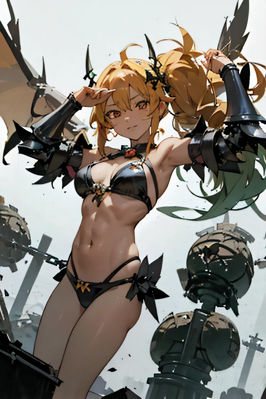 Anime girl posing with wings and armor in photo, armor girl, bikini armor female knight, by Yang J, Succubus, free pose、mechanized valkyrie girl, angel knight girl, Bikini Armor, Torn Bikini Armor, abdominalusculature、Thin macho、Open your crotch、free pose、rossdraws 1. 0, rossdraws 2. 5, rossdraws sakimimichan, a beautiful succubus, Dragon Girl、Rubble battlefield