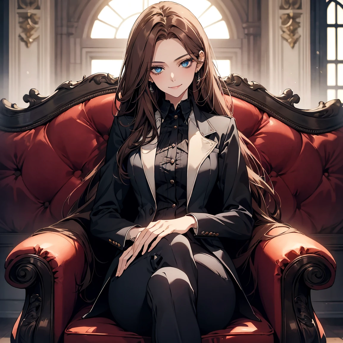 (Highest quality,High resolution,Very detailed),1 girl, Beautiful and elegant light blue eyes, Brown Hair, Cold Smile,Straight long hair tied back, Wearing a black suit, Mature Woman, Age 27,Cruel smile, Calm and Calm,secretary, Slim figure, Pale complexion, thin, Calm, sofa,Sitting cross-legged