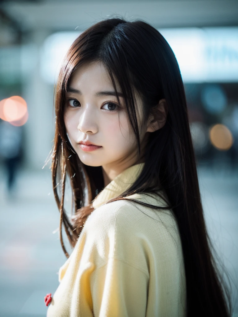 Cinematic Photo of a beautiful korean fashion model bokeh train