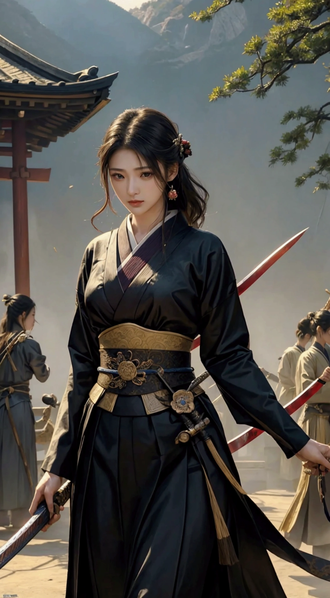 A beautiful woman holding a Japanese sword、Tie your hair back、hair ornamentartial artists、Warrior、