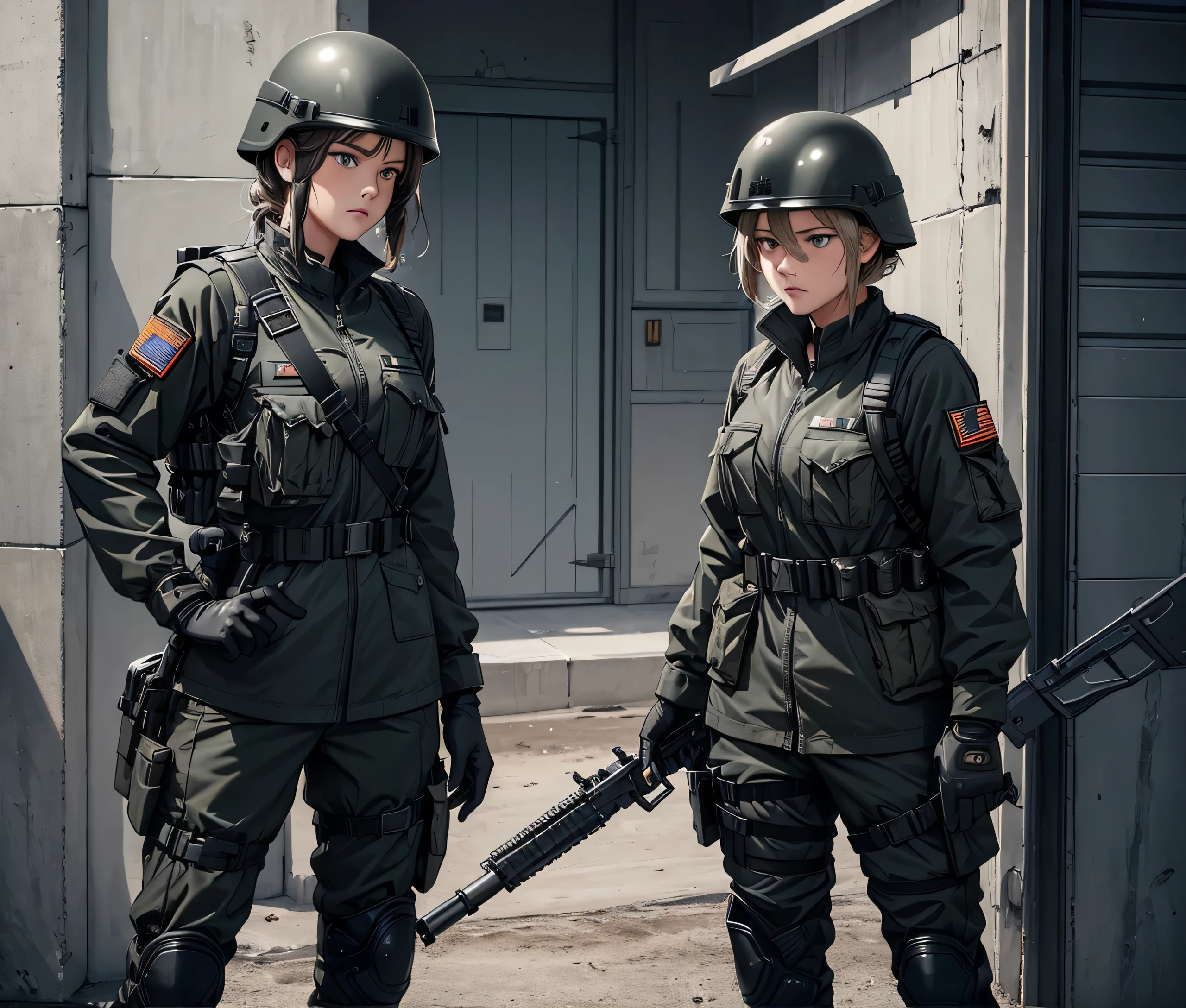 a group of female soldiers wearing grey black zip-up military uniforms, wearing helmets, gloves, ammo pouches, kneepads, standing guard with weapons, masterpiece, best quality, highly detailed CG, 8K, extremely detailed, photorealistic, professional military portrait, hard lighting, gritty military aesthetic, muted color palette, realistic textures
