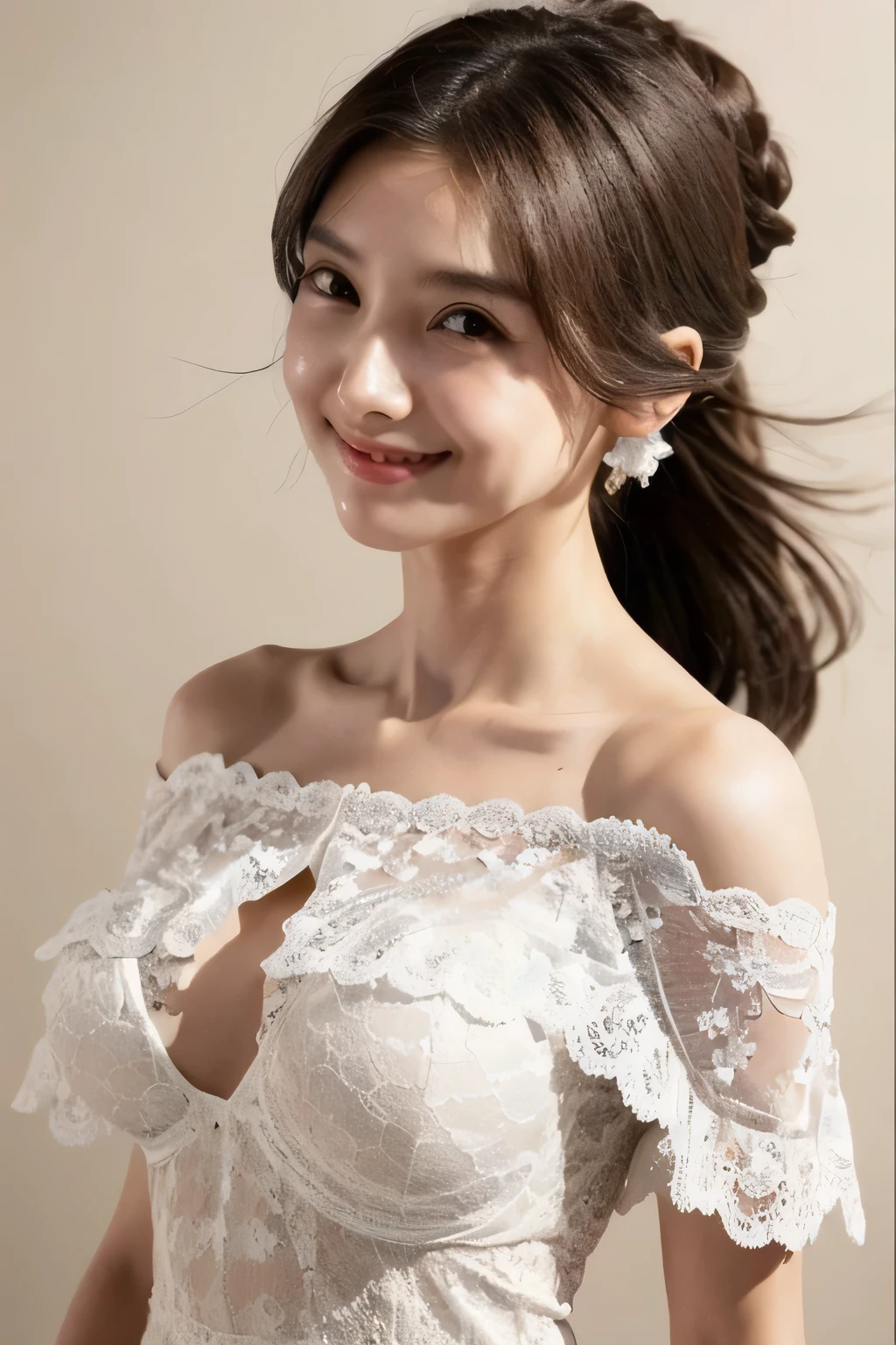 ((Highest quality, 8k, masterpiece: 1.3)), sharp: 1.2, Perfect Body Beauty: 1.6, ((Layered Hairstyles, Big Breasts: 2.0)), (white and long legs: 2.0), (white lace dress: 2.0, Off-the-shoulder dress: 2.0, Dresses with visible breasts: 2.0), ((long hair: 2.0)), ((necklace)), Earrings, ring, Bracelet, Hair Accessories, ((Beautiful young ager woman)), ((Straight nose)), (Eyeliner), Armpit Hair, Bristles, ((White and beautiful skin)), Wavy Hair, Beautiful attention to detail, Super detailed, Highly detailed face and skin texture, fine grain, double eyelid, Black Hair, Big Ass, Lower Body, Thighs, (((Skinny))), Wet and shiny lips, smile, Get a grip on your body, ((Anatomically correct human body)), ((Crisp body shape)), Ribs, clavicle, Protruding skeleton, A face without nasolabial folds, Shyness, Thin eyebrows, Big eyes, (shoot from side: 1.0), (Narrow shoulders: 2.0), (Smile: 1.0), (One arm raised: 1.0)
