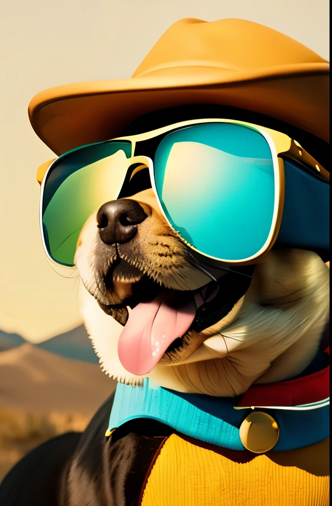 "Illustrate a dog wearing sunglasses and a hat, ready for an adventure."