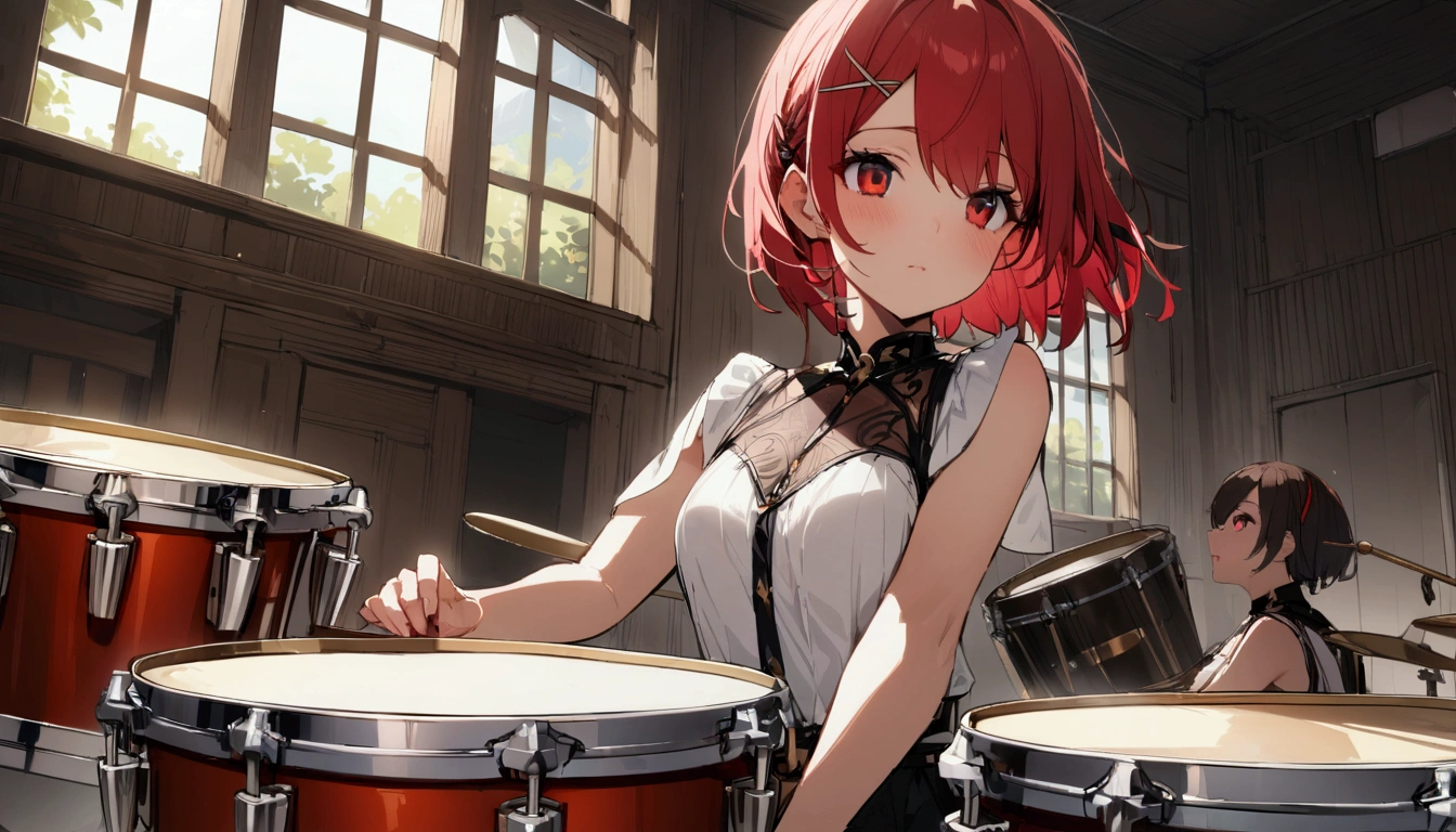 short hair, (Red hair:1.2), x Hair ornament, Red eyes,girl,One person,Highest quality, masterpiece, High resolution,Brass band、timpani、noon、indoor、indoor