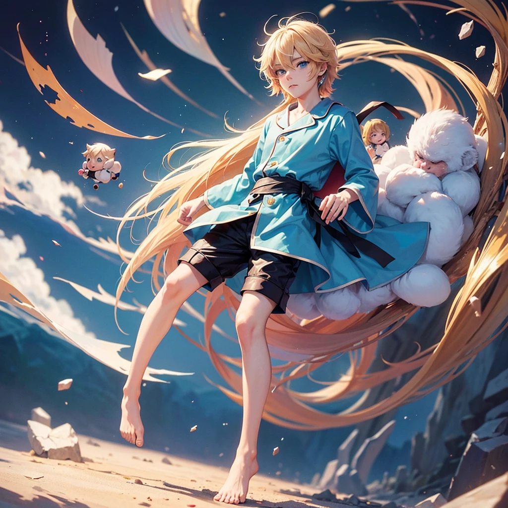anime boy, chibi style, Beautiful, with blue eyes,blond hair, wear a full body monkey pajamas,2D anime style, anime fund
