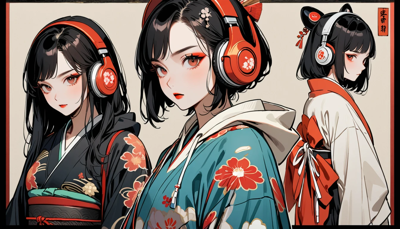(((2 girl))), (((seiza))), (((front view))), (((Flashy makeup))), (((Japanese style headphones))), (((Japanese pattern hoodie))), (((Put on the hood))), Japan人の美少女, Black Hair, Bob, Delicate and precise, Modern ukiyo-e style,Japan, Japanese flag, vivid color
