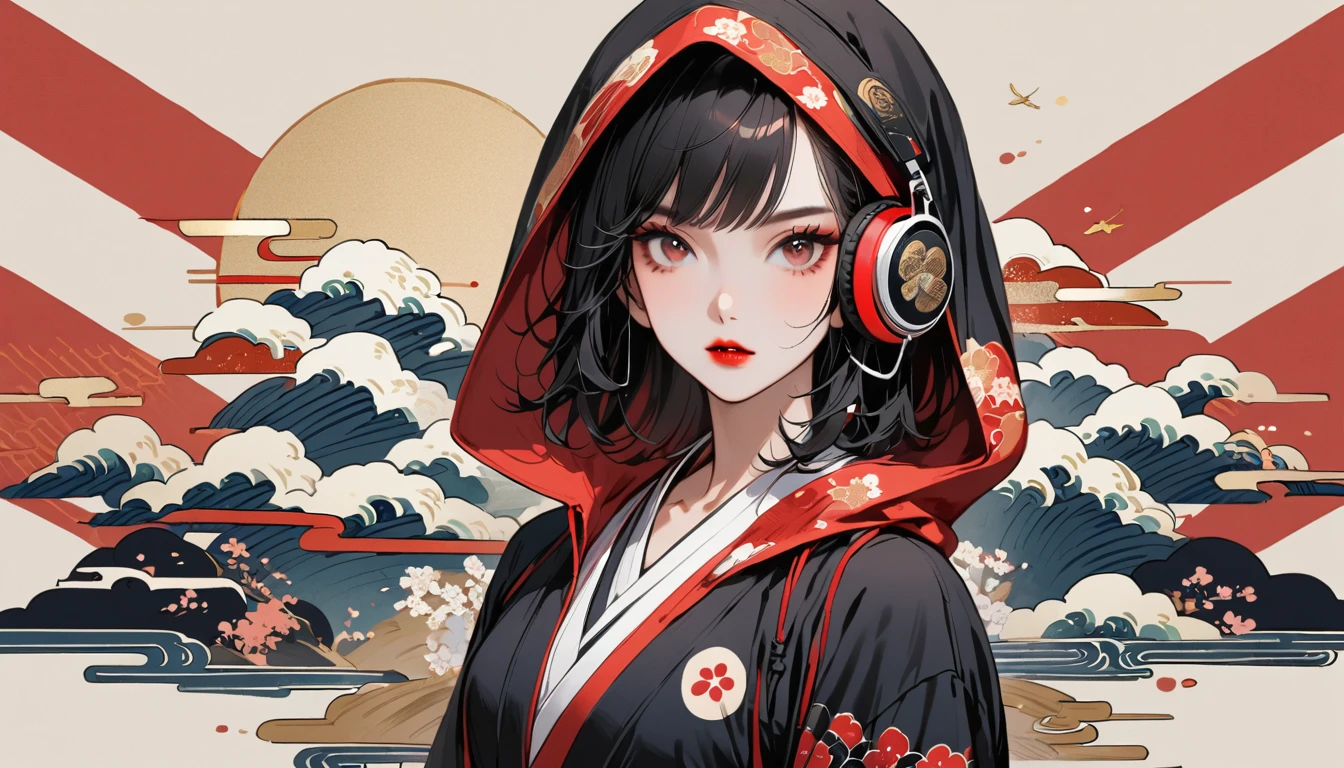 (((2 girl))), (((seiza))), (((front view))), (((Flashy makeup))), (((Japanese style headphones))), (((Japanese pattern hoodie))), (((Put on the hood))), Japan人の美少女, Black Hair, Bob, Delicate and precise, Modern ukiyo-e style,Japan, Japanese flag, vivid color