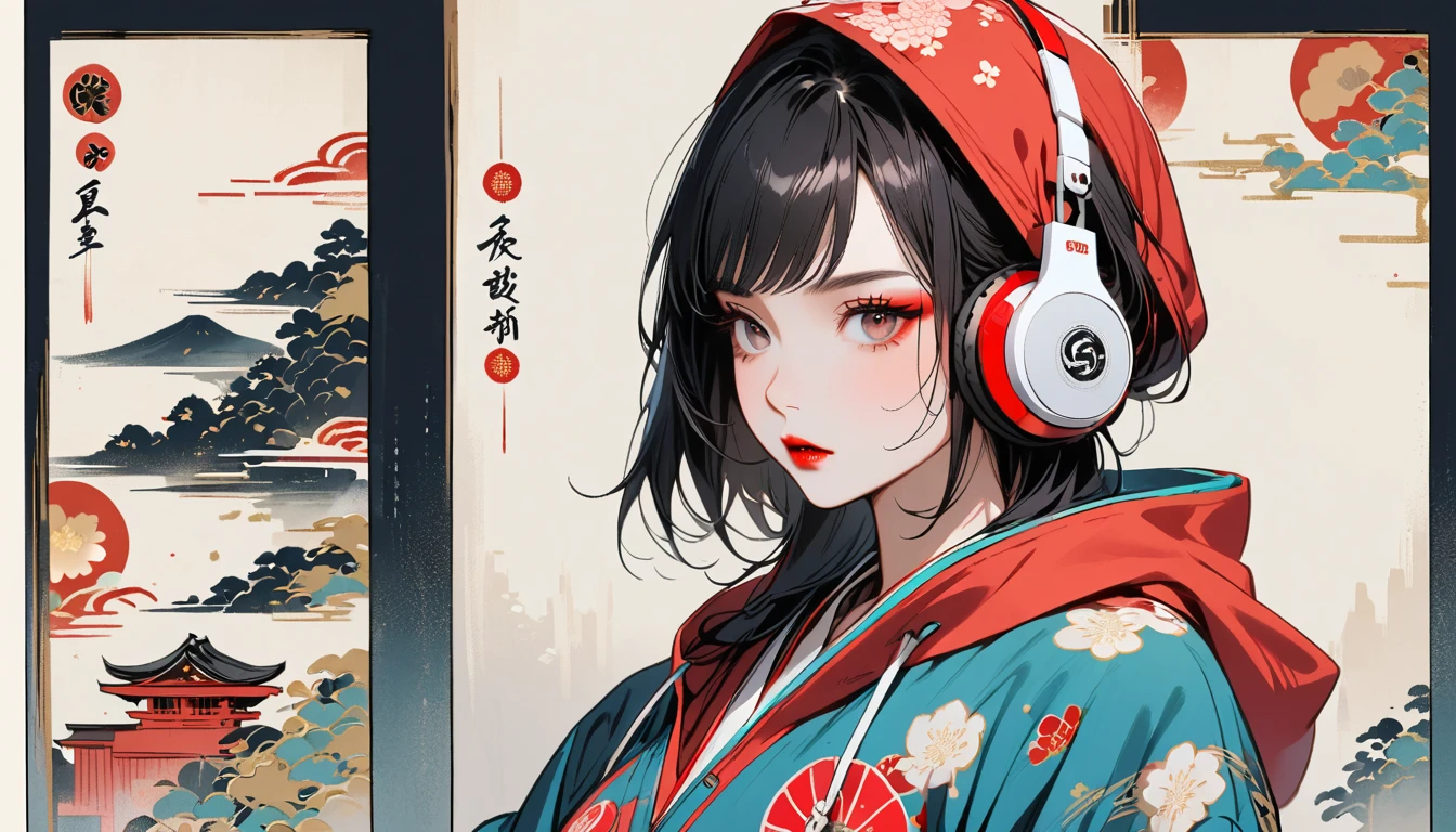 (((2 girl))), (((seiza))), (((front view))), (((Flashy makeup))), (((Japanese style headphones))), (((Japanese pattern hoodie))), (((Put on the hood))), Japan人の美少女, Black Hair, Bob, Delicate and precise, Modern ukiyo-e style,Japan, Japanese flag, vivid color