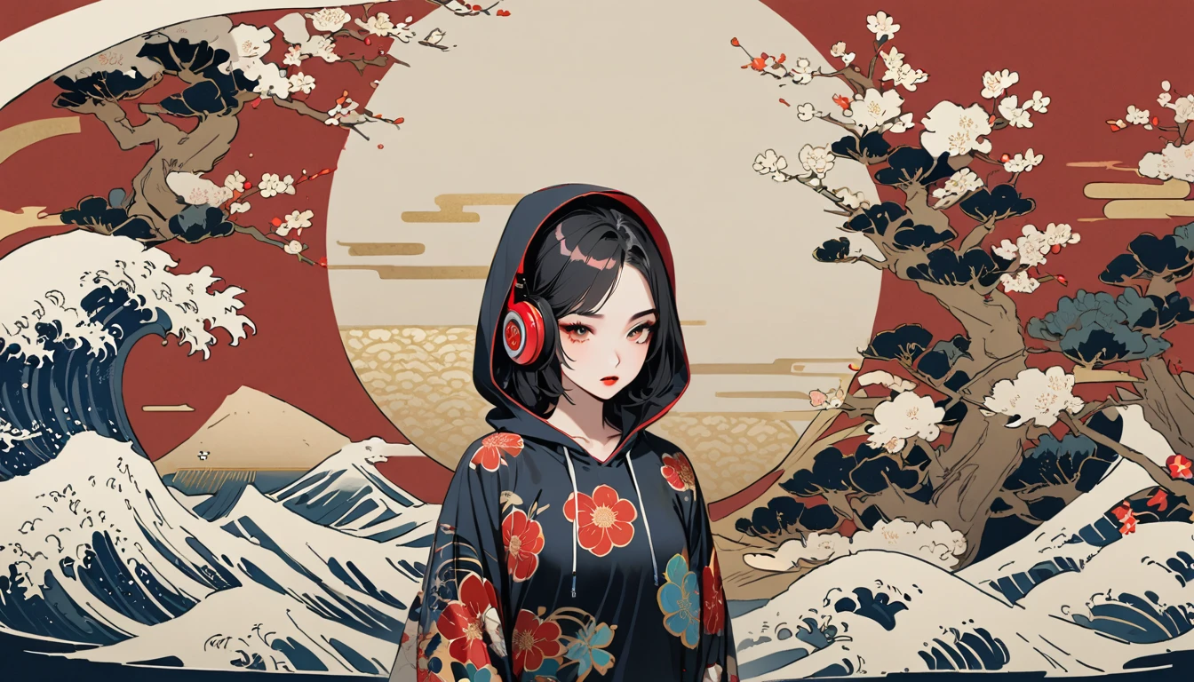 (((2 girl))), (((seiza))), (((front view))), (((Flashy makeup))), (((Japanese style headphones))), (((Japanese pattern hoodie))), (((Put on the hood))), Japan人の美少女, Black Hair, Bob, Delicate and precise, Modern ukiyo-e style,Japan, Japanese flag, vivid color