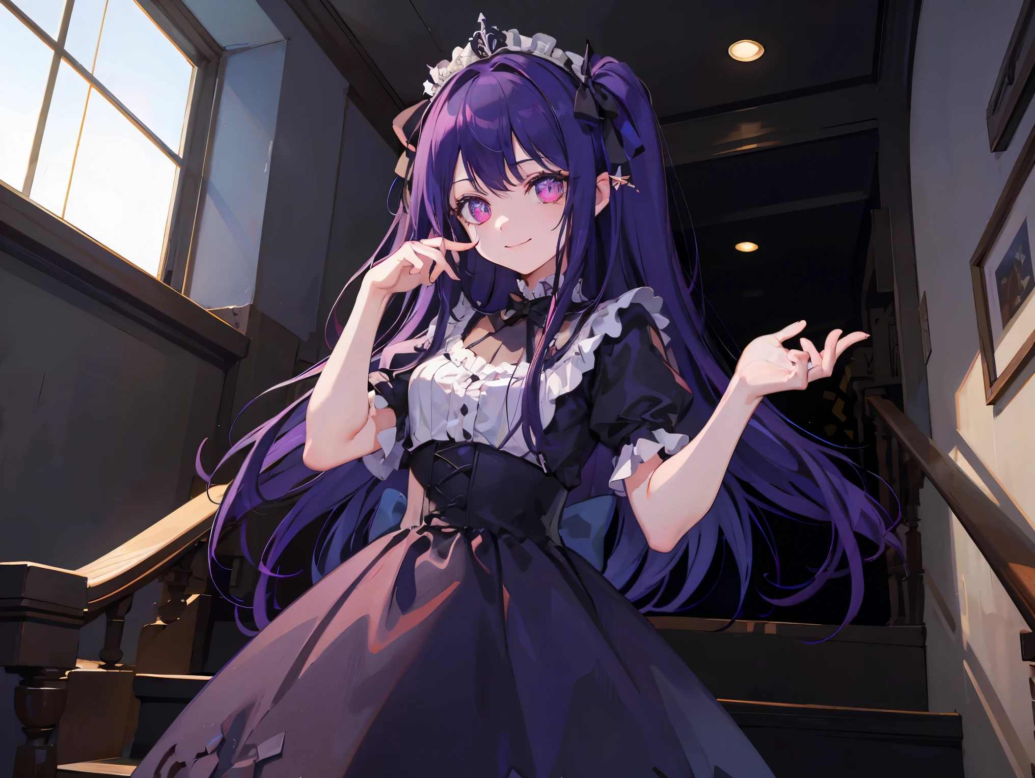 (purple hair, hime cut), tiara, mismatched sclera, evil smile, Baroque, chiaroscuro, masterpiece, accurate, high quality, best quality, high details, super detail, Vampire, aristocratic vampire, dark castle interior, moonlight shining through a window into a dark room, at night, Gothic ta, Gothic Loliostume, background (bats flying around), Standing halfway up the stairs