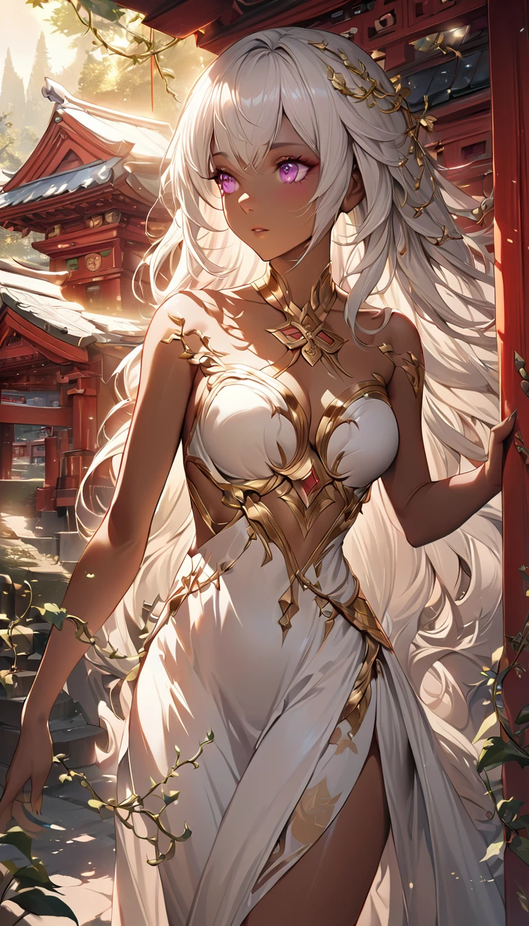 masterpiece, best quality, (extremely detailed CG unity 8k wallpaper), (best quality), (best illustration), (best shadow), absurdres, realistic lighting, Golden hour, Old shrine, beautiful detailed glow, art by PeterMohrBacher, Tall woman, warm brown skin, dark skinned woman, white hair, Pink eyes, Long flower vines in hair, Beautiful white dress with golden accessories and accents, 1 woman, lone woman, Etheral looking, Goddess