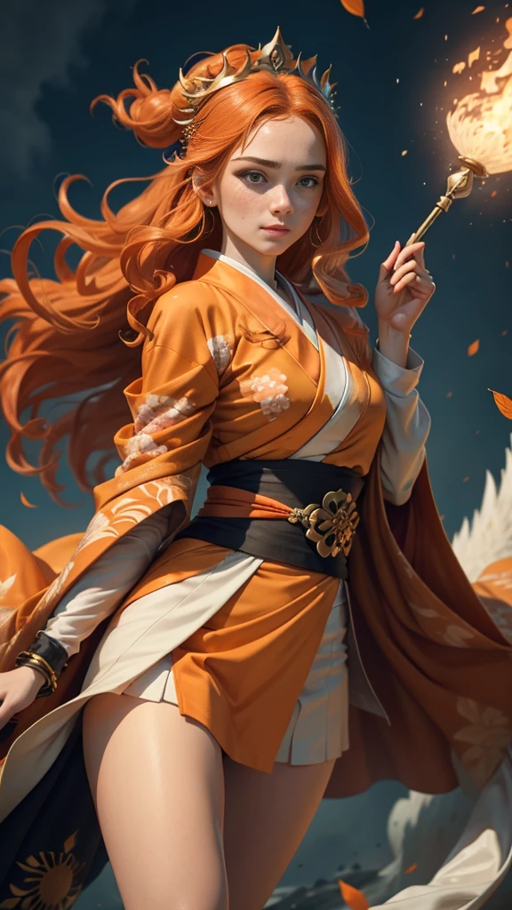 Young princess ((fighting monsters)), striking figure, long flowing ginger hair, wavy hairs, fair skin, (freckles), ((kolito)), innocent and regal appearance, expressive green eyes are filled with a mix of curiosity and determination, her slender frame, elegant grace, vibrant (((orange kimono))) with white and black decorations, very long sleeves, feather headdress, no background, combat pose, dynamic pose, holding a staff