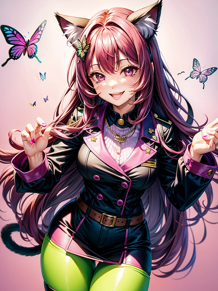 Magenta hair, brown eyes, older woman, long thick hair, pretty hair ornaments, smile face, happy, cat ears, sexy uniform outfit, butterflies, pink and green background