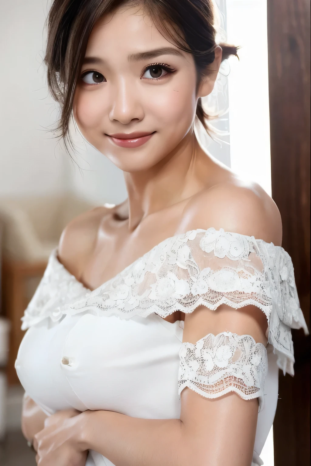 ((Highest quality, 8k, masterpiece: 1.3)), sharp: 1.2, Perfect Body Beauty: 1.6, ((Layered Hairstyles, Big Breasts: 2.0)), (white and long legs: 2.0), (white lace dress: 2.0, Off-the-shoulder dress: 2.0, Dresses with visible breasts: 2.0), ((long hair: 2.0)), ((necklace)), Earrings, ring, Bracelet, Hair Accessories, ((Beautiful young ager woman)), ((Straight nose)), (Eyeliner), Armpit Hair, Bristles, ((White and beautiful skin)), Wavy Hair, Beautiful attention to detail, Super detailed, Highly detailed face and skin texture, fine grain, double eyelid, Black Hair, Big Ass, Lower Body, Thighs, (((Skinny))), Wet and shiny lips, smile, Get a grip on your body, ((Anatomically correct human body)), ((Crisp body shape)), Ribs, clavicle, Protruding skeleton, A face without nasolabial folds, Shyness, Thin eyebrows, Big eyes, (shoot from side: 1.0), (Narrow shoulders: 2.0), (Smile: 1.0), (One arm raised: 1.0)