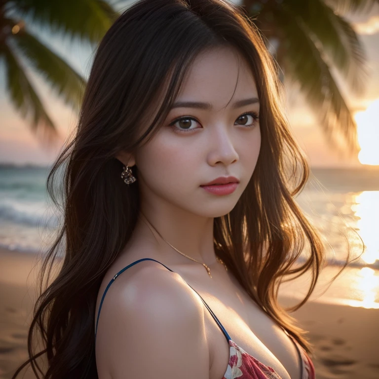 beautiful woman with long beachy wavy hair,tropical floral lingerie set,posing on sandy beach,palm trees,sunset background,(best quality,4k,8k,highres,masterpiece:1.2),ultra-detailed,(realistic,photorealistic,photo-realistic:1.37),HDR,UHD,studio lighting,ultra-fine painting,sharp focus,physically-based rendering,extreme detail description,professional,vivid colors,bokeh,highly detailed portrait,cinematic lighting,dramatic atmospheric lighting,soft depth of field,beautiful detailed eyes,beautiful detailed lips,extremely detailed eyes and face,longeyelashes,romantic,sensual,alluring