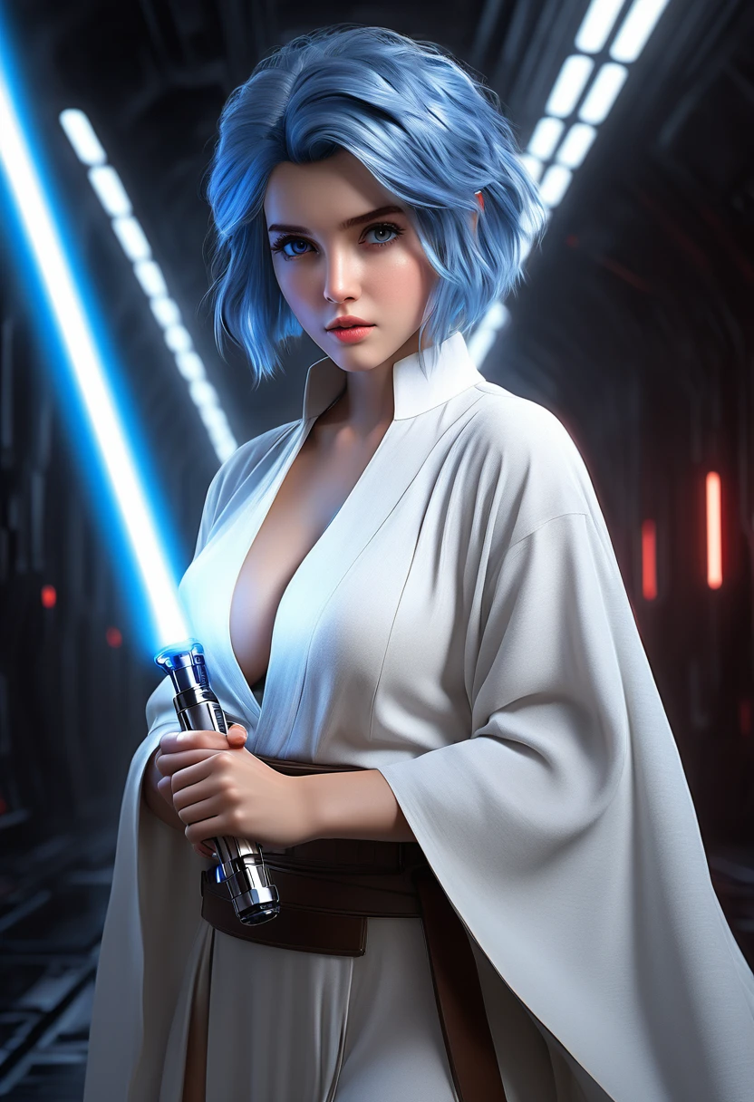 ultra wide angle, in focus, light epic background, gorgeous lifelike, dynamic pose, a young lady, (highly detailed face and eyes:1.3), cute expression, holding blue lightsaber in his hand, medium shot, hyper details, lighting art, cinematic, insane details, intricate details, hyperdetailed, jedi com roupas brancas, fractal, dark shot, big , full body, jedi (Star wars), white clothes, short hair, blue hair, big breasts