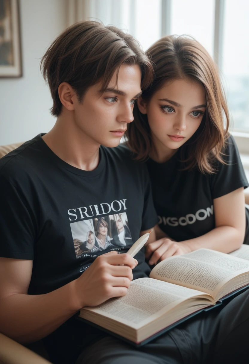 girl, skin tone, Brown hair, Medium Hair, gray eyes, black tshirt with her brother in black eyes black t shirt cool boy hair style both are studying