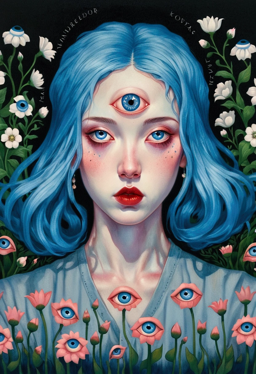 painting of a woman with blue hair and blue eyes surrounded by flowers, a surrealist painting by Nándor Katona, behance contest winner, pop surrealism, pop surrealism lowbrow art style, lowbrow pop surrealism, japanese pop surrealism, third - eye visions, starry eyes, third eye, portrait of a mystical giant eye, psychedelic illustration