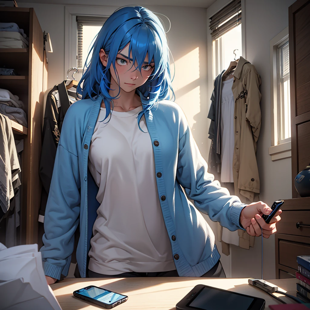 scene: A blue-haired woman is in her room, holding a phone. His face is not visible, but his posture suggests tension and determination. The lighting in the room is soft, creating a mysterious and emotionally charged atmosphere. The focus is on the woman's blue hair and the palpable tension in the scene.