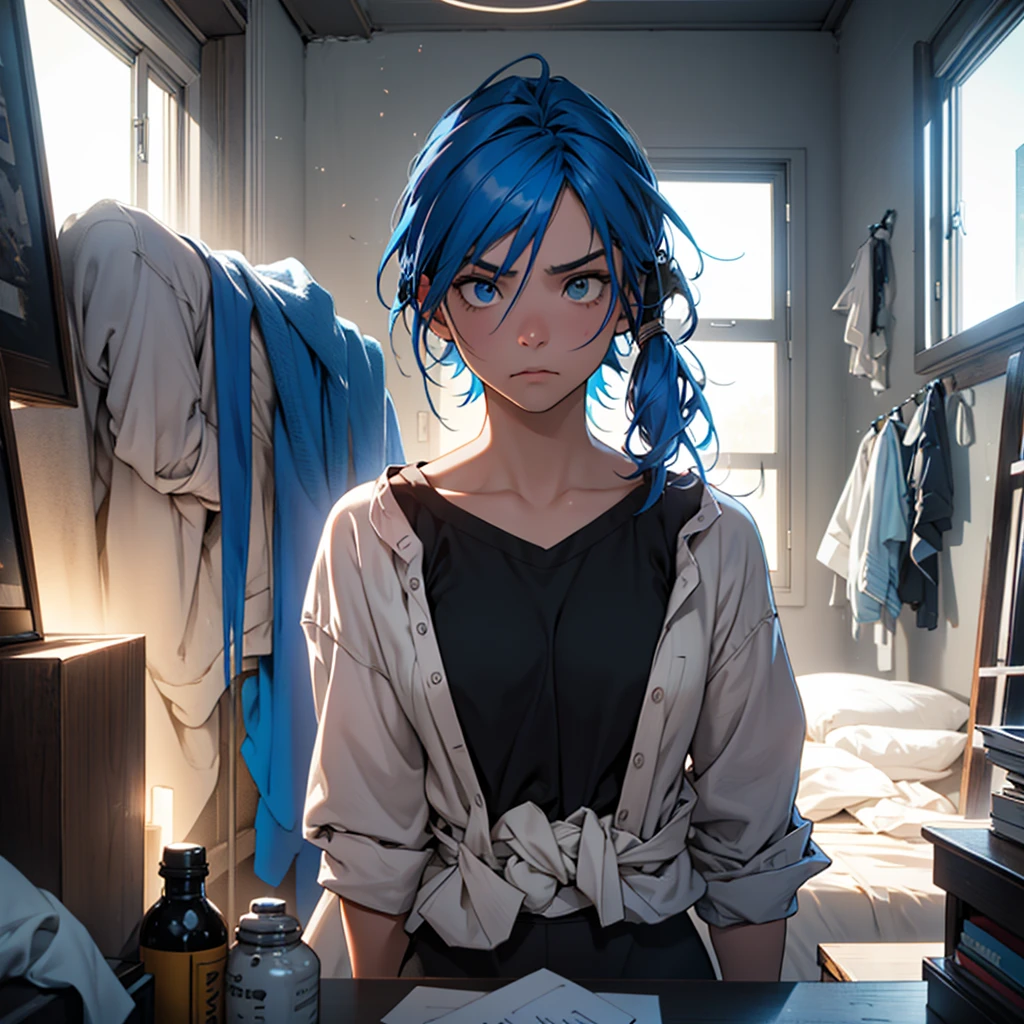 scene: A blue-haired woman is in her room, holding a phone. His face is not visible, but his posture suggests tension and determination. The lighting in the room is soft, creating a mysterious and emotionally charged atmosphere. The focus is on the woman&#39;s blue hair and the palpable tension in the scene.