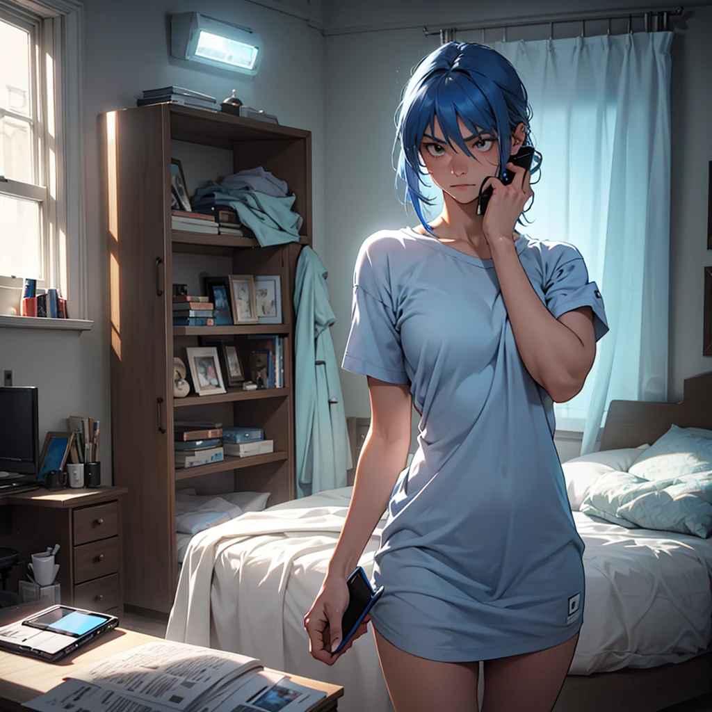 scene: A blue-haired woman is in her room, holding a phone. His face is not visible, but his posture suggests tension and determination. The lighting in the room is soft, creating a mysterious and emotionally charged atmosphere. The focus is on the woman's blue hair and the palpable tension in the scene.