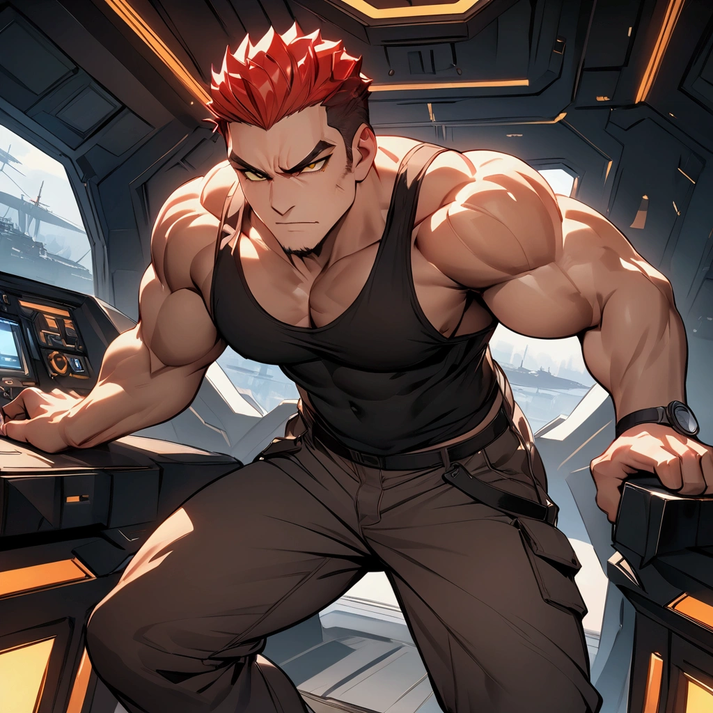 masterpiece, high quality, 8K, HDR,, Mechanic man in the captain's chair on a futuristic spaceship bridge. He's 33, muscular, with a sharp face and short red hair. His vivid yellow eyes are intense. He wears a black tank top and work pants, ready for action.