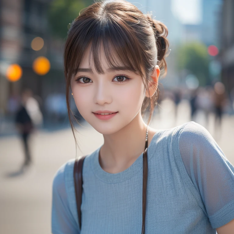 Outdoors in the city、smile、 Caustics、Highly detailed photos、No makeup、(8k、RAW Photos、Highest quality、masterpiece:1.2)、(Realistic、Realistic)、1 girl、((Blur the background、Looking into the camera:1.4))、
Clothes with the texture of real fabric,masterpiece,Realistic light and shadow effects,
8k最高画質はフル,Extremely realistic skin,Photo level,Temperamental girl,Thin lips,The face is very realistic,The hair is very realistic,
Short sleeve white shirt,Brown ponytail,Exquisite makeup,bangs,
Delicate facial features