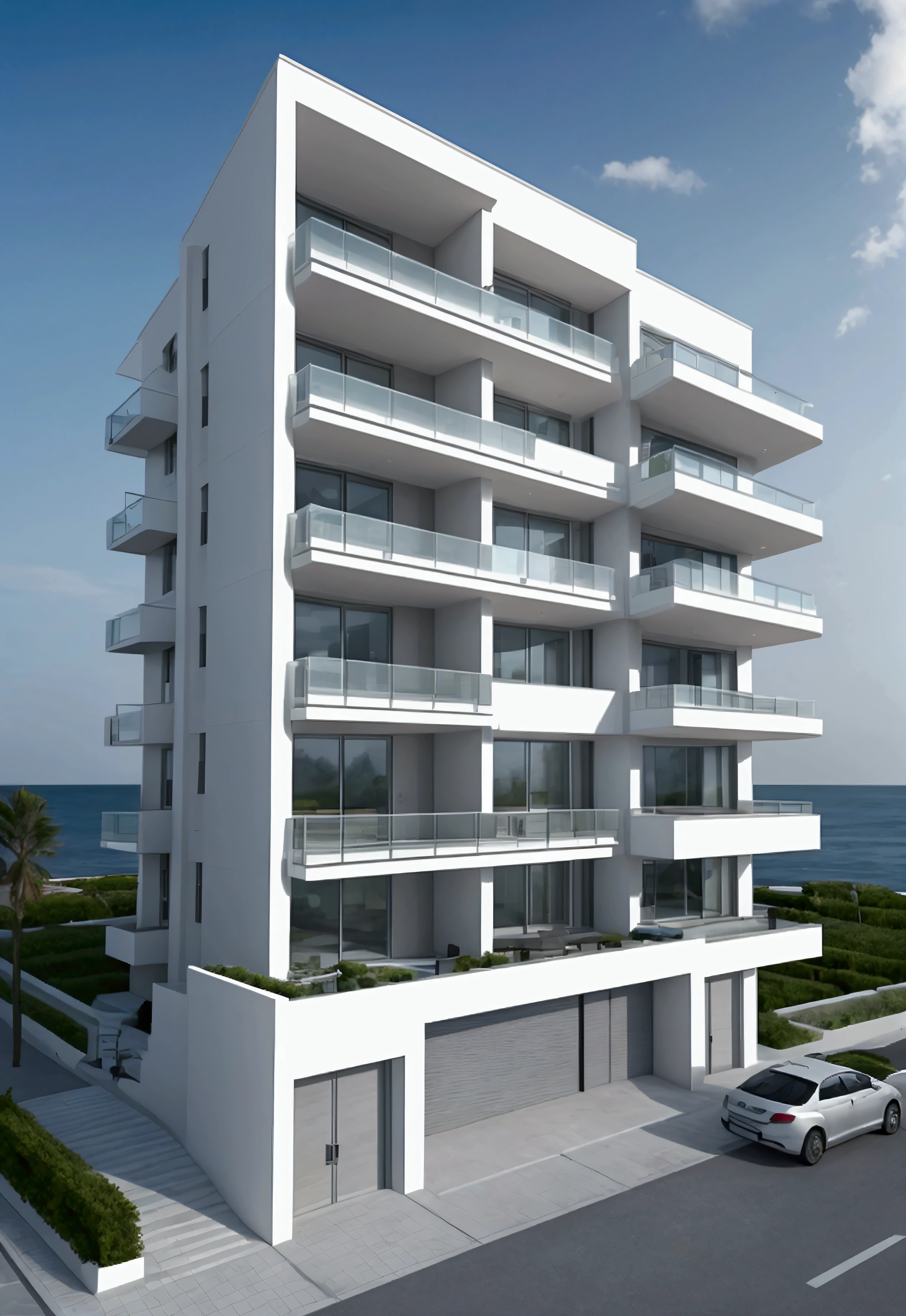 create the image of a modern building, with 30 amdars, be realistic and modern by the sea, with modern style format 9:16
