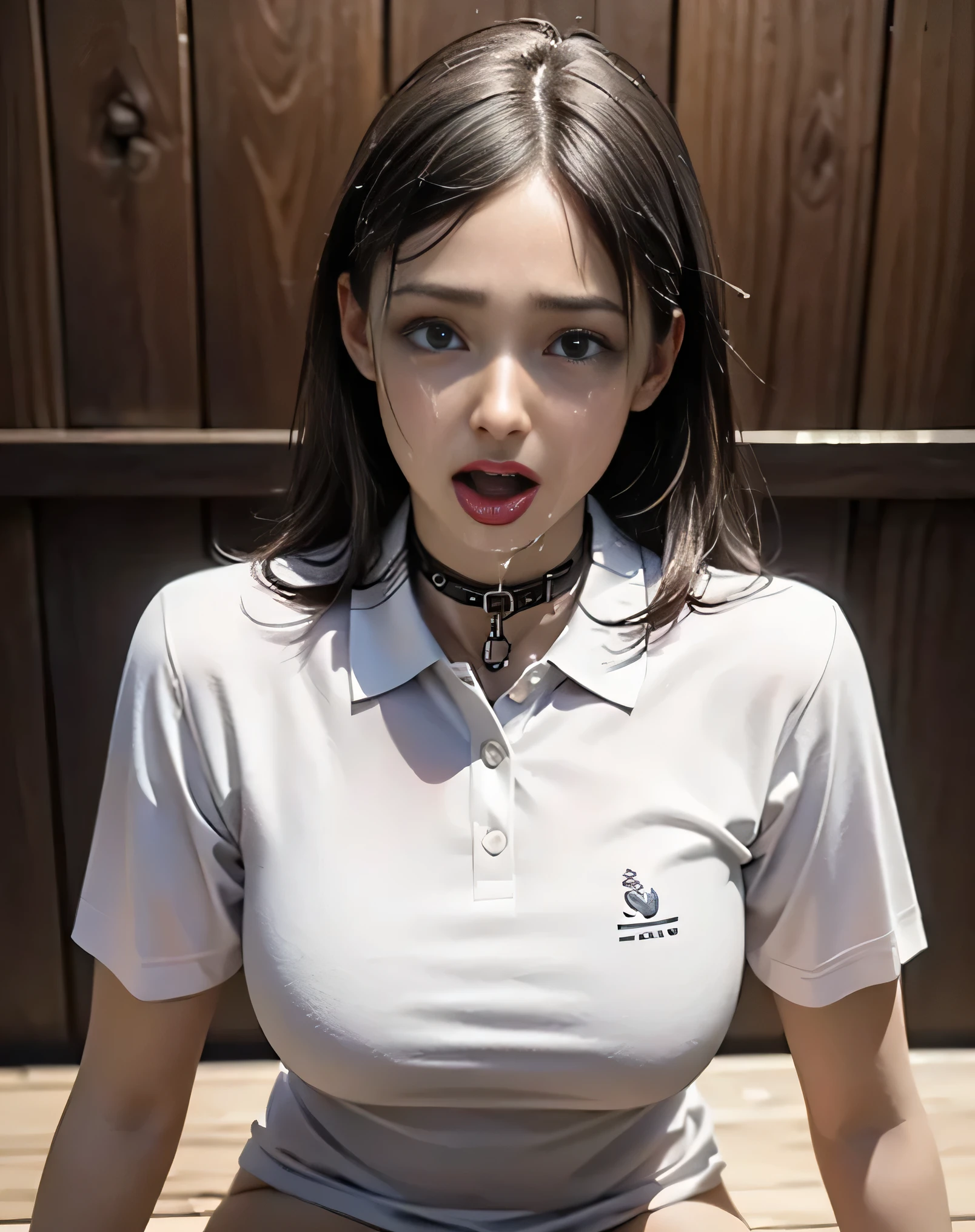 (photorealistic:1.6),(High resolution:1.6),(solo, one woman:1.5),(Thin woman:1.2),(beady eyes),(large eyes),(Light brown hair),(extremely long hair),(cool beauty:1.3),chuuChloe,(Personality is lewd),(Slender Body),(flaunt muscles),(amazing orgasm:1.4),(small breasts),(ahegao:1.6),(Ecstasy:1.3),(masochistic),(Sexual arousal),(Plain polo shirt:1.5),(Wooden plank wall),(On all fours),(Elegant lady),(Woman being sexually tortured:1.5),(A woman is hanging from a chain wearing a stud collar:1.2),(Fainting:1.5),(Big tears:1.3)