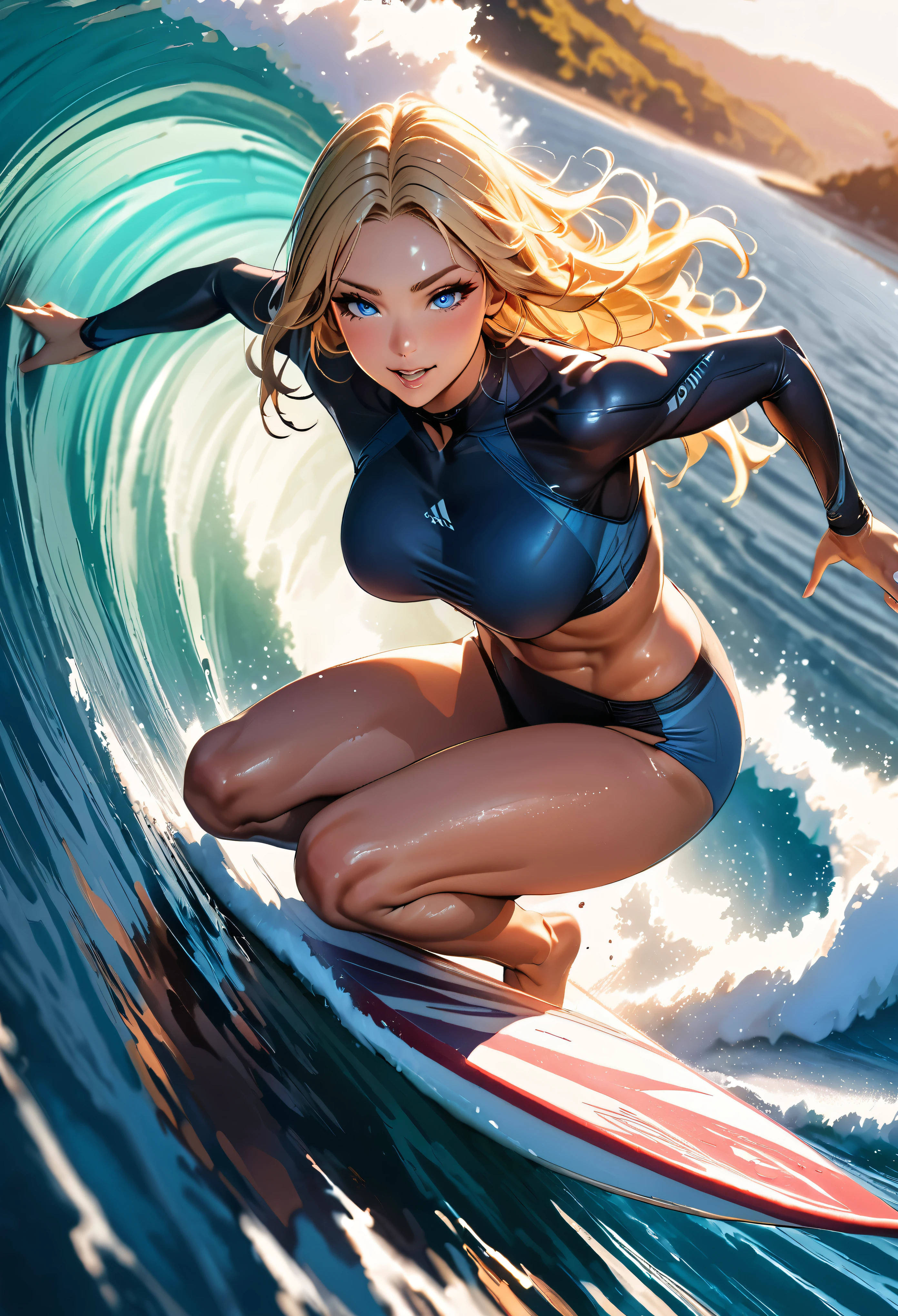 a woman surfing on big waves, high detailed woman, beautiful detailed eyes, beautiful detailed lips, extremely detailed face and skin, long eyelashes, blonde hair, athletic body, adrenaline, action, motion blur, ocean waves, foamy water, blue sky, bright sunlight, golden hour, warm color tones, hyper detailed, cinematic lighting, masterpiece:1.2