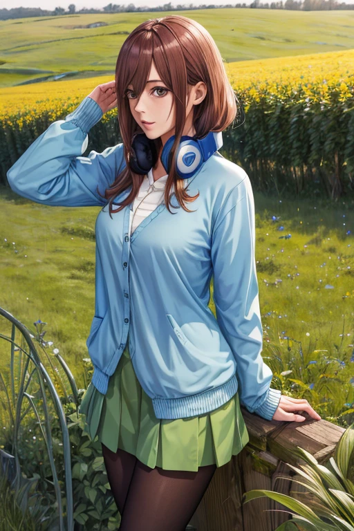 masterpiece, best quality, highres, nm1, headphones around neck, , long sleeves, blue cardigan, green skirt, pantyhose, cowboy shot, field, wariza