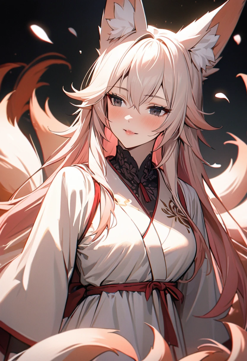 female, nine-tailed female, female fox, nine-tailed fox, fox ears, white hair, pink hair, long hair, black eyes, p mature, dress, flying petals, super detail, high quality, macro picture, deep chin, Japanese, gentle, sweet