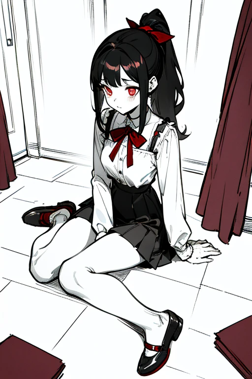 using pantimedies, wavy black hair, piercing look with deep red eyes, average stature, Silky hair with a ponytail hairstyle collected with a red bow with two white lines, with clothes, has a vagina, has breasts, cup of breasts, small breasts, slim, foreground, Session, sitting in her room, sitting on the floor of her room, wearing pantyhose, using pantimedies, Picardias, short skirt, shoes, blouse with straps 