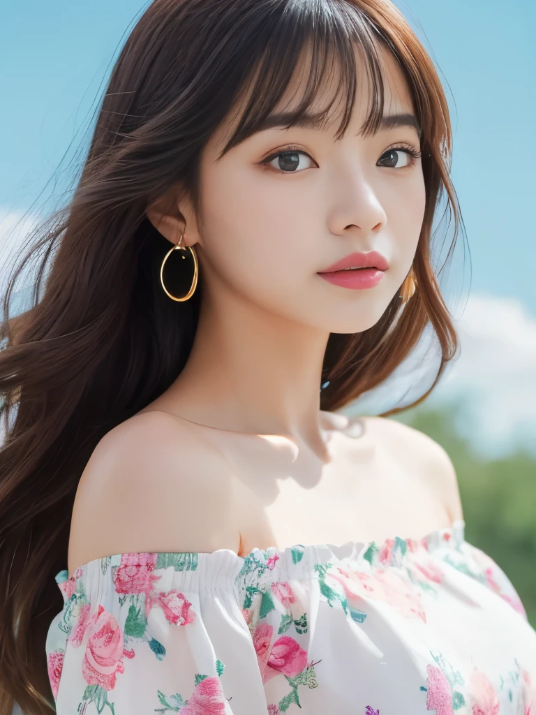 feature is、A young woman with big blue eyes and long flowing hair that changes color from blue to pink.。she、Standing against a bright, clear blue sky with a few white clouds。women are、A white, loose long-sleeved top is draped over the shoulders.、She is wearing a colorful and vibrant strapless dress.。Pink for the dress、yellow、Various green floral patterns are drawn、It features gradations such as blue and orange.。Her expression is soft、Looks like you&#39;re a little curious。Hold the edge of the dress with one hand、Pull a little to the side、The other hand is lightly placed on her hip。Red all around、yellow、Large orange colorful petals scattered、It gives the scene a bright and lively atmosphere.。