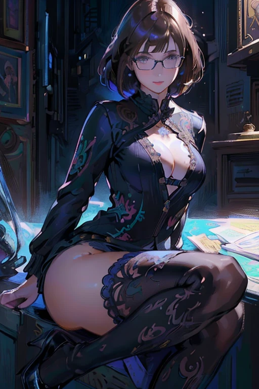 ((ultra realistic illustration:1.3)), Beautiful 18 yo woman of Scottish descent. Brunette, blue eyes, sexy figure, natural breasts, perfect ass, (bob cut),(bangs), Eyeglasses, cardigan, dress, black tights. high heels. Cute smile. Masterpiece, (highly detailed:1.2),(detailed face and eyes:1.2), 8k wallpaper, Moody lighting. core shadows, high contrast, bokeh.