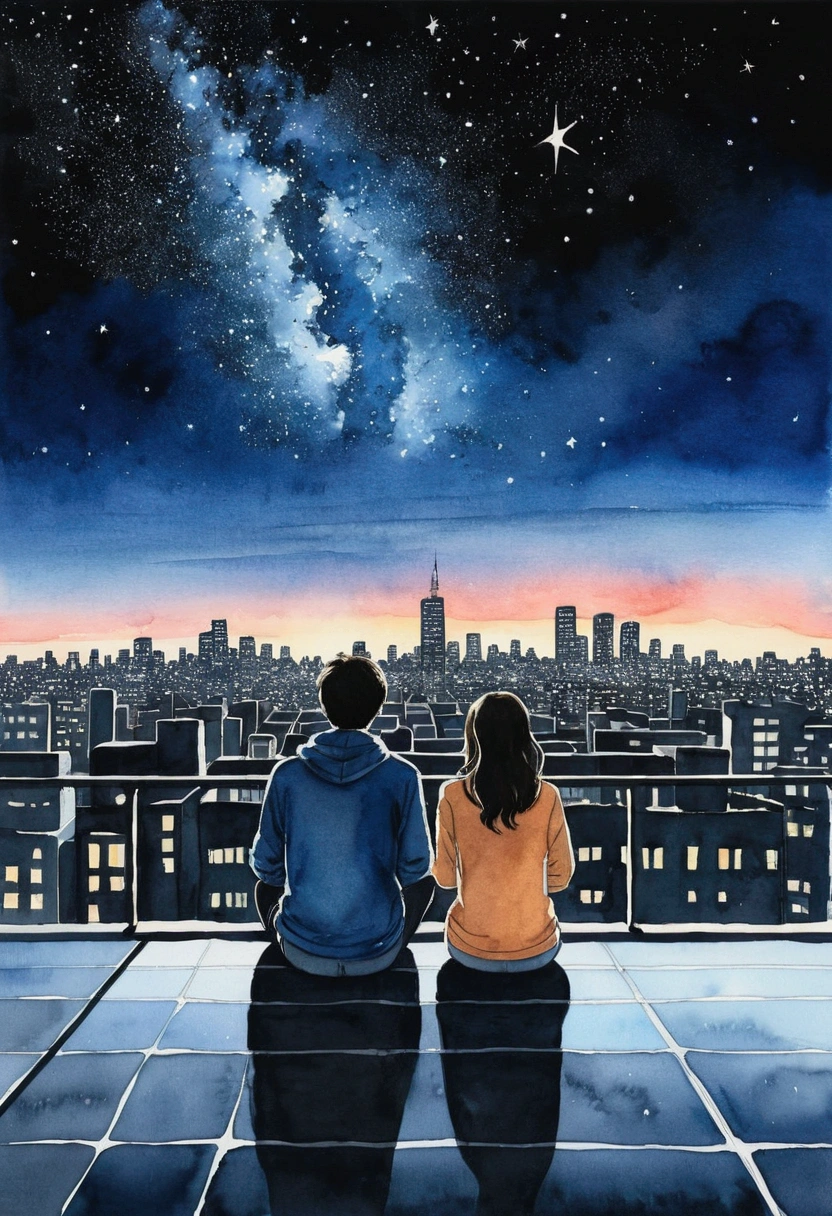 From the roof of the building、Two people sitting on asphalt staring at stars in city sky,Nestle、 Couple, Looking to the stars, night, night - hour, Simple illustration, night間, Line art, Gaze at the stars, night time, together, Hand-drawn, Illustration, Calm feeling, night, Under the stars, Are you having fun, Starred、Angle from a distance、Watercolor、