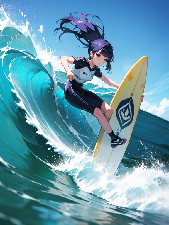 (surfing), Big Wave, performance, surfboard, dynamic, Splash of the sea, Sports, action, girl, alone, (Rika Furude), Blue Hair, Purple eyes, Long Hair, blunt bangs, bangs, I&#39;m 11 years old, 