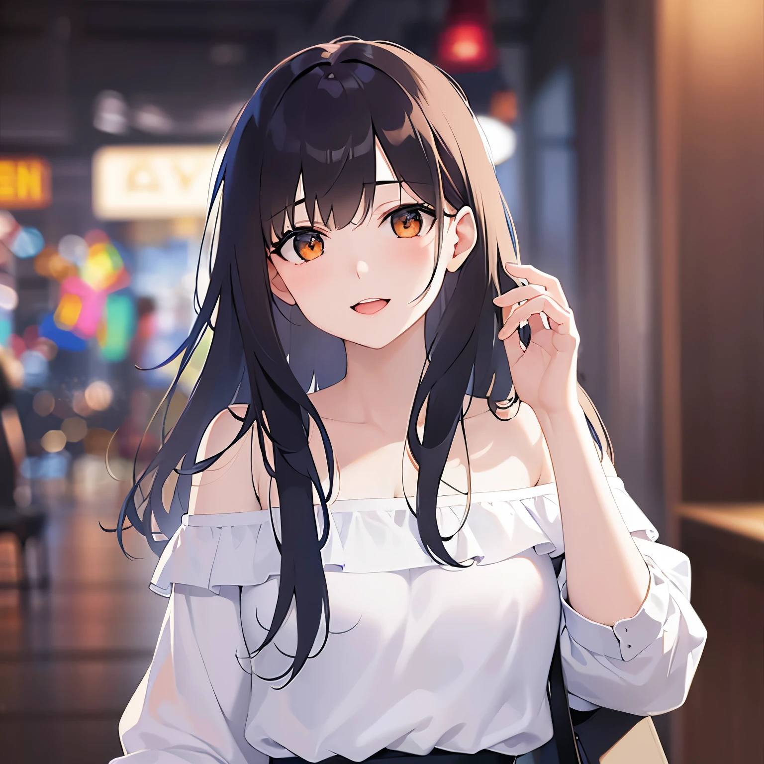 head tilt, hand on own face, (looking away:1.5), Close-up of your face, (pale skin: 1.2), shiny skin, shiny hair、(A 25-year-old woman with medium-length hair and bangs) and (wavy hair) and (brown hair) and (orange eyes) , (white) and (off shoulder blouse) 、(smile:1.2), open mouth, The background is the interior of a restaurant at night.、Alone、Are standing