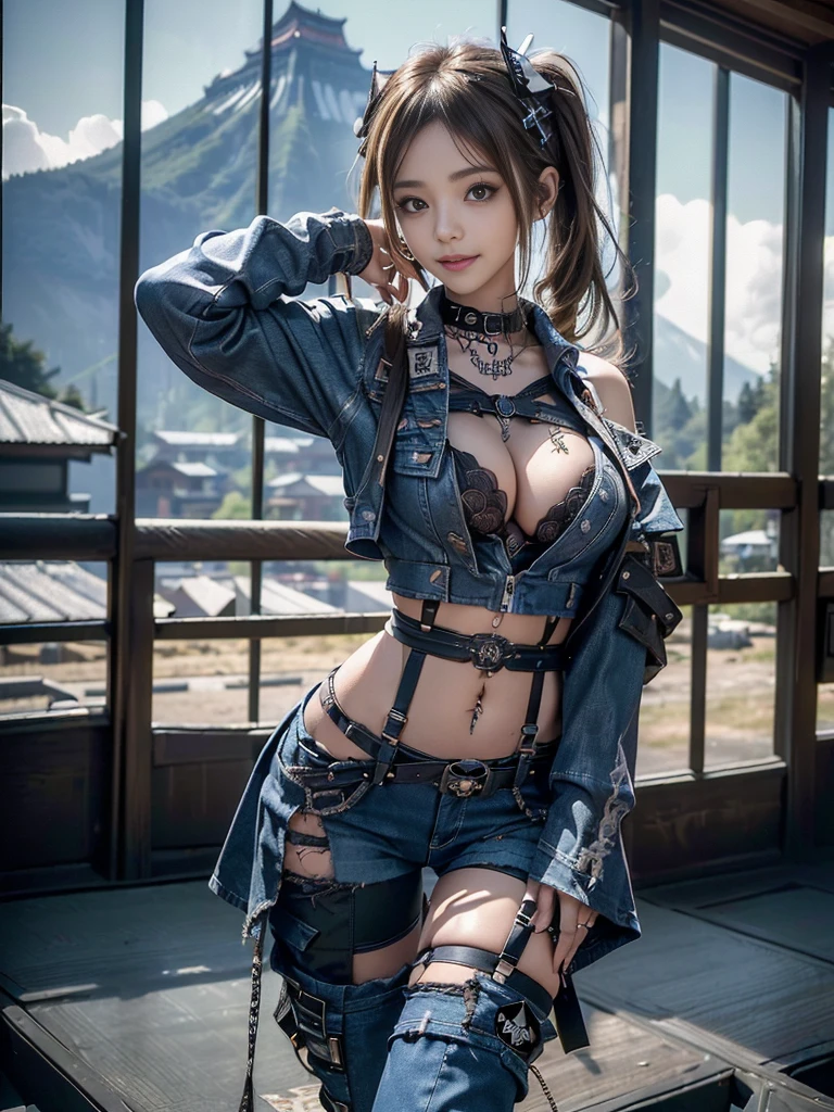 (Beautiful lips and nose:1.4)、(Long eyelashes:1.4)、(Smiling with teeth showing:1.3),(Shibuya Gal:1.5)、(Gothic ta delicately decorated dress:1.5)、(Tattered denim and black punk rock cargo pants:1.5)、(Denim and black navy skull mark small jacket:1.4)、(denim garter belt:1.5)、(Black and denim knee socks:1.3)、(Skull Silver Accessories:1.5)、(Denim collar:1.3)、(Brown Skin Belt:1.4)、(Brown boots:1.2)、(The underwear is striped:1.4)、31 years old、((Highest quality、In 8K、masterpiece:1.3))、Sharp focus:1.2、(Layered Cut、Huge boobs:1.1),Beautiful woman with perfect figure:1.4、(Dancing vigorously:1.3)、Slender Abs:1.2、Highly detailed face and skin texture、Detailed eyes、double eyelid,(Twin tails:1.3)、(Brown-golden hair:1.3)、Gravure idol、(The background is a vast mountain with a clear view々Beautiful luxury resort destination in Europe:1.3)、(Slim Body:1.2),(Make your legs thinner:1.4),(clavicle:1.1)